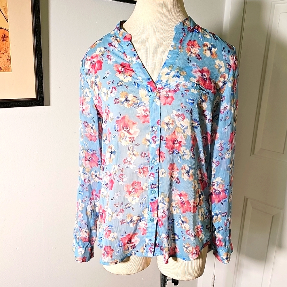Kut from the Kloth Floral Blouse - Blue and Pink Semi Sheer Long Sleeves. Size S